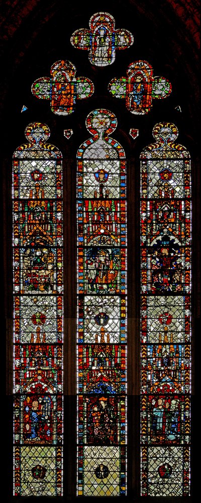 Vindu w39 som viser martyrdommene til St Laurence, St Denys og St Eleutherius av English School