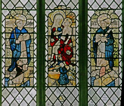Vindu w4 som viser Pietaen med St Dominic og St Peter Martyr: små donorfigurer av English School