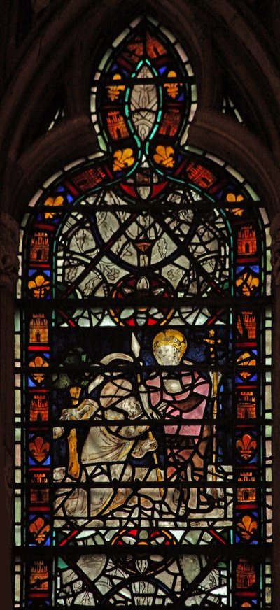 Vindu w58 som viser den tvilende St Thomas; grisaille og border av English School