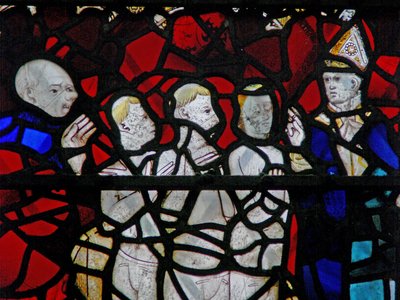 Vindu w6 som viser en scene fra en legende om St Nicholas: miraklet med 3 gutter: de tre guttene i badekaret av English School