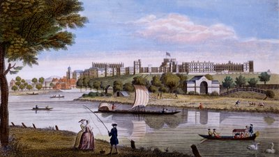 Windsor Castle fra over Themsen, ca. 1760-tallet (håndfarget gravering) av English School