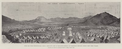 Med Tirah Expeditionary Force, fugleperspektiv av brigadegeneral Ian Hamiltons brigade, Barkai Camp, Bara Valley (litho) av English School