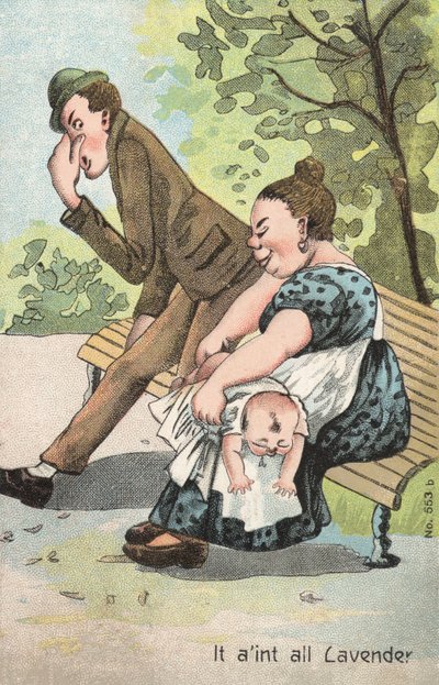 Kvinne skifter baby i parken (farge litho) av English School