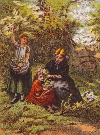 Kvinne som pynter en jentes hår med blomster (fargelitografi) av English School