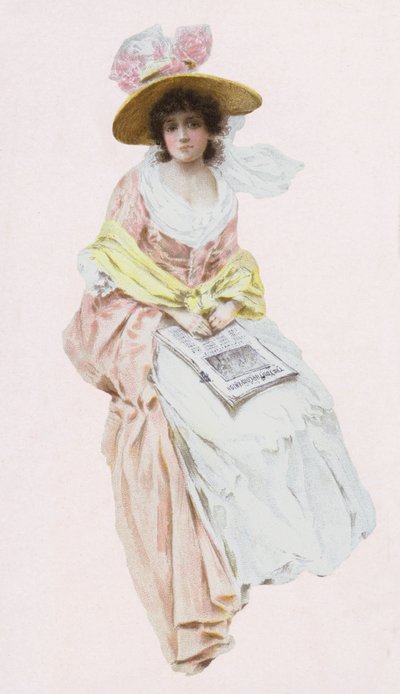 Kvinne i viktoriansk eller edvardiansk kjole som leser en avis (chromolitho) av English School