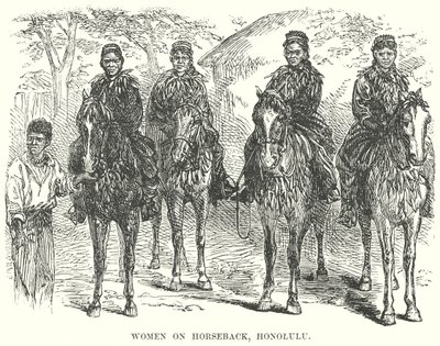 Kvinne på hesteryggen, Honolulu (gravering) av English School