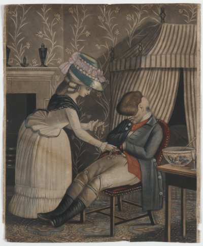 Kvinne som stjeler en strømpeveske og lommeur fra en sovende mann, ca. 1790 (håndfarget mezzotint) av English School