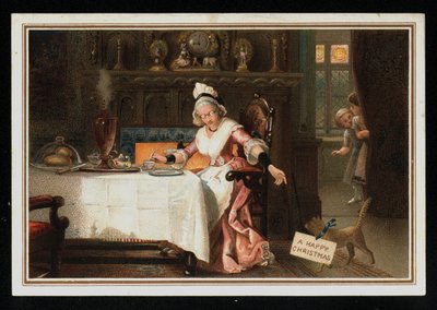 Kvinne tar te med katten sin, julehilsenskort. (chromolitho) av English School