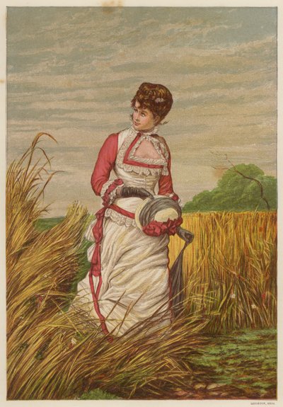 Kvinne som overtrer i en kornåker (farge litho) av English School