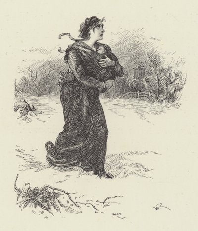Kvinne med baby i snø (gravering) av English School