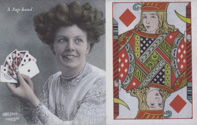Kvinne med spillekort og Jack of Diamonds (farge litho) av English School