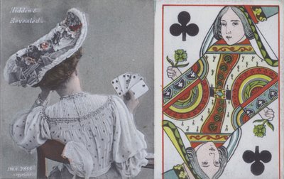 Kvinne med spillekort og Queen of Clubs (farge litho) av English School