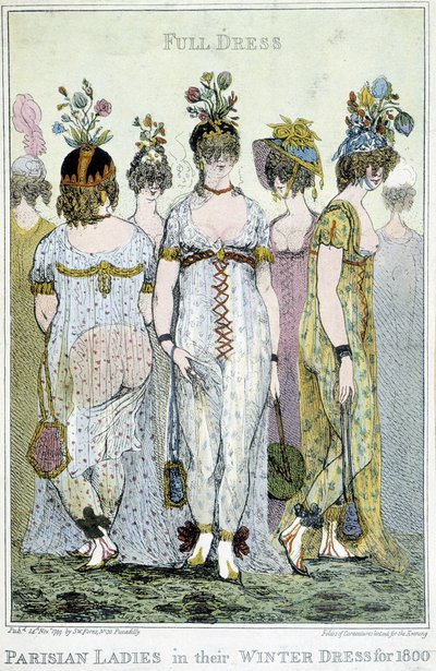 Herlig: parisiske kvinner i vinterkjoler for 1800, engelsk tegneserie. av English School