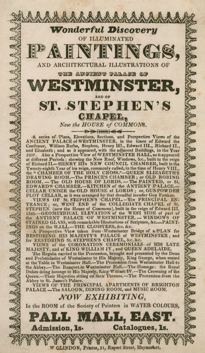 Fantastisk oppdagelse av opplyste malerier og arkitektoniske illustrasjoner av det gamle palasset i Westminster og St Stephens Chapel, nå House of Commons av English School