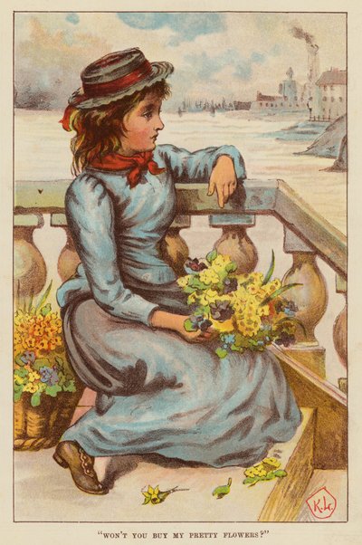 "Vil du ikke kjøpe de vakre blomstene mine?" (farge litho) av English School