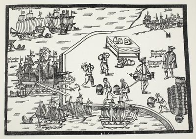 Tresnitt som illustrerer vinhandelen mellom Bordeaux og England av English School