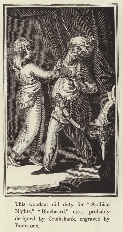 Tresnitt som gjorde plikt for Arabian Nights, Bluebeard, etc (gravering) av English School