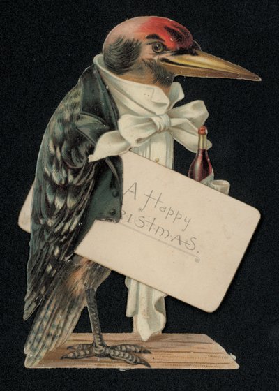 Hakkespett kledd som en kelner eller butler, julehilsenkort (chromolitho) av English School