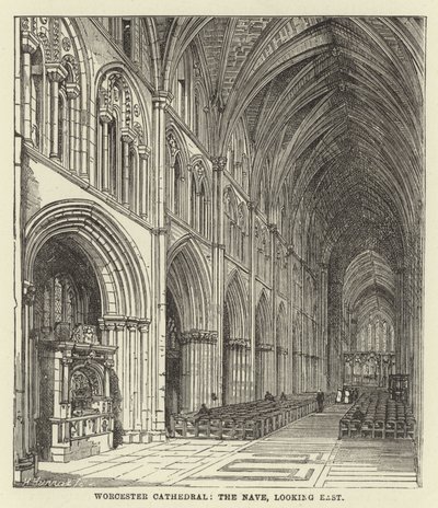 Worcester Cathedral, kirkeskipet, med utsikt mot øst av English School