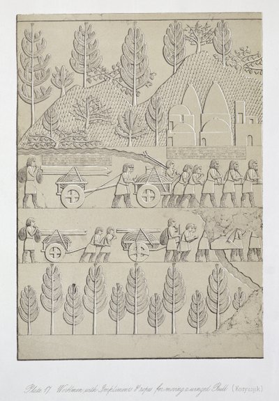 Arbeidere med redskaper og tau for å flytte en bevinget okse, plate 17 fra Nineveh and its Remains av Austen Henry Layard (1817-94) publisert 1849 av English School