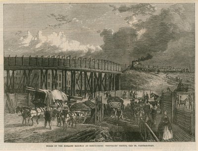 Jobber på Midland Railway ved Kings Cross, London; midlertidig bro, Old St Pancras Road av English School