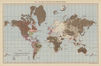 Verden på slutten av det attende århundre (farge litho) av English School