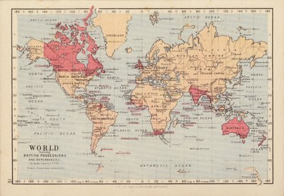 Verden som viser britiske besittelser og avhengigheter (fargelitografi) av English School