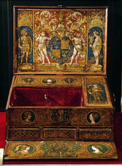 Skriveboks eller bordpult, sannsynligvis malt av Lucas Hornebolte (ca. 1492-1544) ca. 1525-27 (valnøtt og eik med malt og forgylt skinn) av English School