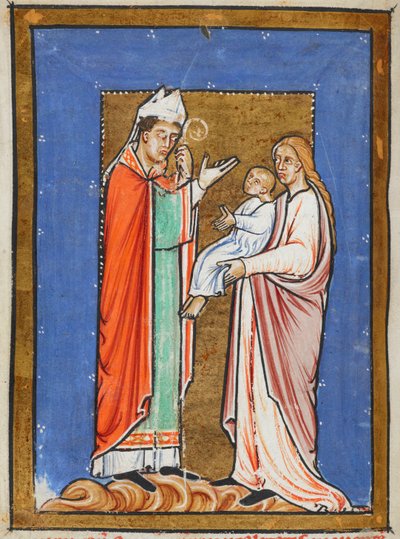 Yates Thompson 26 f.62v St. Cuthbert Healing a Child with the Plague, illustrasjon fra 