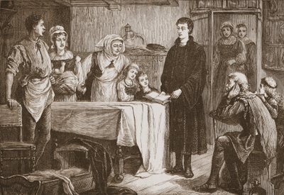 Unge Calvin forklarer Bibelen for en familie i Bourges, illustrasjon fra The History of Protestantism av James Aitken Wylie (1808-1890), pub. 1878 av English School