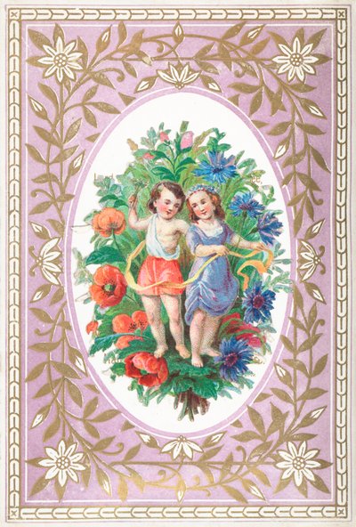 Mädchen und Junge mit Blumen und Bändern, Karte von English School