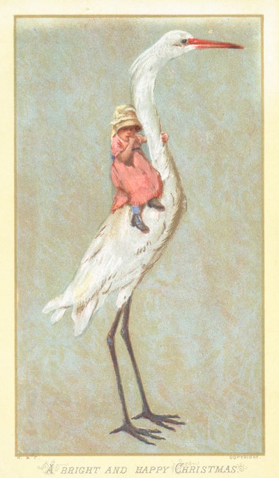 Ung jente holder på Stork, julekort av English School