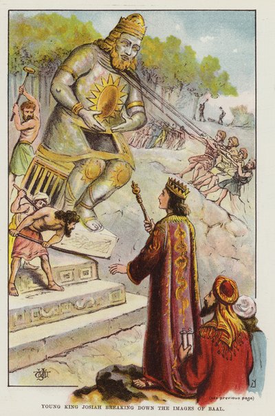Ung kong Josiah bryter ned bildene av Baal (farge litho) av English School