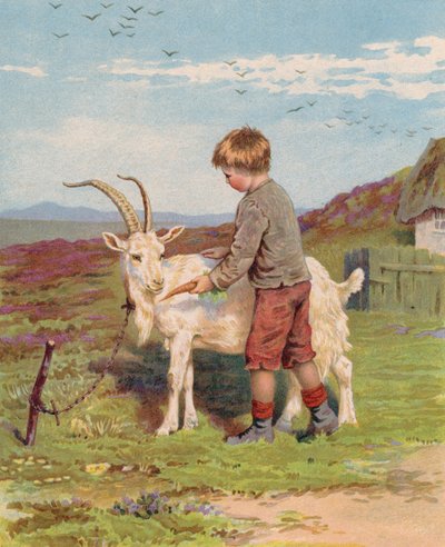 Ung gutt mater en gulrot til en geit på en gård (chromolitho) av English School