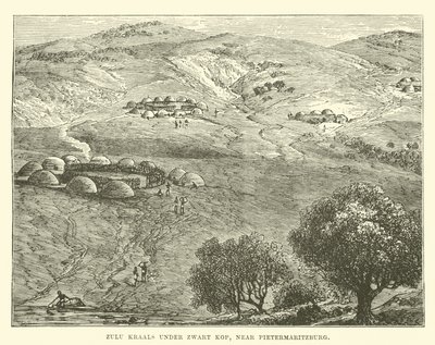 Zulu Kraals under Zwart Kop, nær Pietermaritzburg av English School