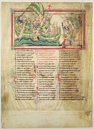 f.4v Thomas a Becket lander ved Sandwich og velsigner vannet, fra Becket Leaves, ca. 1220-40 av English School