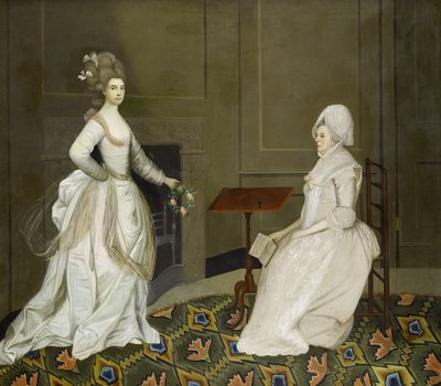 To damer i et interiør, den ene leser, den andre holder en blomsterkrans av English School, 18th Century