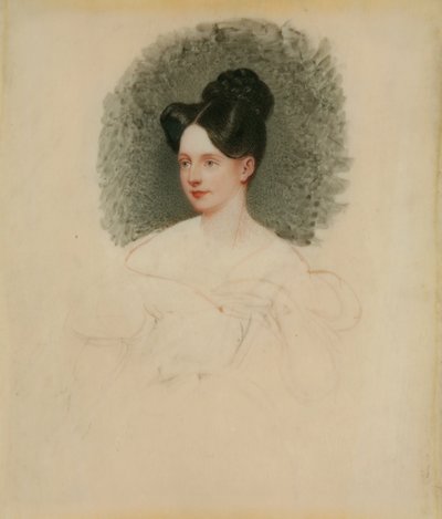 Uferdig portrett av Marianne Cregoe Colmare (senere fru Baurton Bennett) ca. 1833-34 (miniatyr på elfenben montert på kort) av English School English School