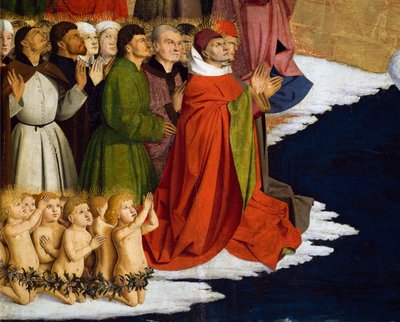 Å døpe menn og barn, detalj fra Coronation of Virgin Altertavle av Enguerrand Quarton