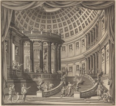 Design for et scenegardin: Interiøret til et forseggjort tempel dedikert til illustere menn av Ennemond Alexandre Petitot