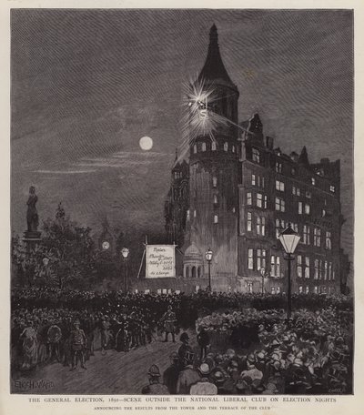 Kunngjøring av resultatene fra generalvalget i 1892 fra Liberal Club, Westminster, London (litho) av Enoch Ward