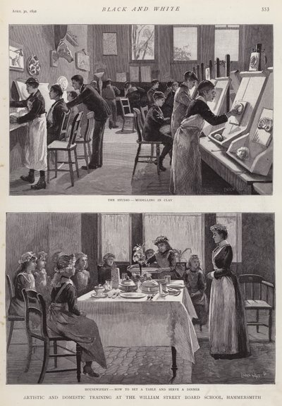 Kunstnerisk og huslig trening ved William Street Board School, Hammersmith, London (litho) av Enoch Ward