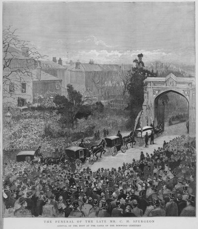 Begravelsesprosesjon som bærer liket av den engelske baptistpredikanten Charles Haddon Spurgeon som ankommer portene til Norwood Cemetery, London av Enoch Ward