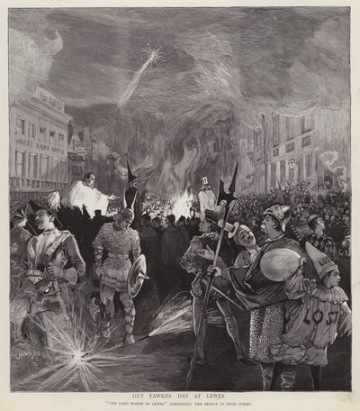 Guy Fawkes Day prosesjon i Lewes, Sussex, 5. november 1892 (litho) av Enoch Ward