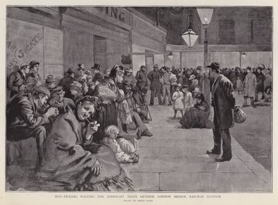 Humleplukkere venter utenfor London Bridge Station på midnattstoget til Kent (litho) av Enoch Ward