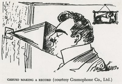 Caruso gjør sin første grammofoninnspilling, 1902 (tegning) av Enrico Caruso