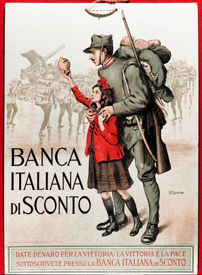 Første verdenskrig: Italiensk plakat som oppmuntrer til et nasjonalt lån som representerer en soldat med en liten jente som tilbyr sin lira - Illustrasjon av Enrico della Leonessa (Løvinne) (1875-1921) av Enrico della Lionne
