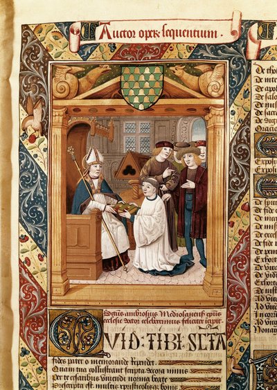 Den hellige Ambrosius (339-397), erkebiskop av Milano, presenterer verkene sine for en slektning, fra "Verk av den hellige Ambrosius (vol. 1)" av Enrique de Bellorto