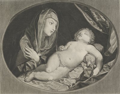 Jomfruen med armene i kors over brystet og ser på det sovende spedbarnet Kristus, i..., 1770-1834. av Ephraim Gottlieb Krüger