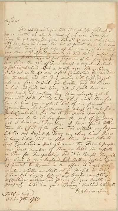 Brev til Allice Jones, Concord, Massachusetts, 7. oktober 1755 (penn og blekk på papir) av Ephraim Jones